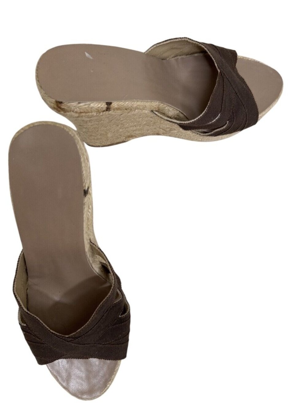 Brown Open-Toe Wedge Sandals With Fabric Straps & Jute Heel Size 8